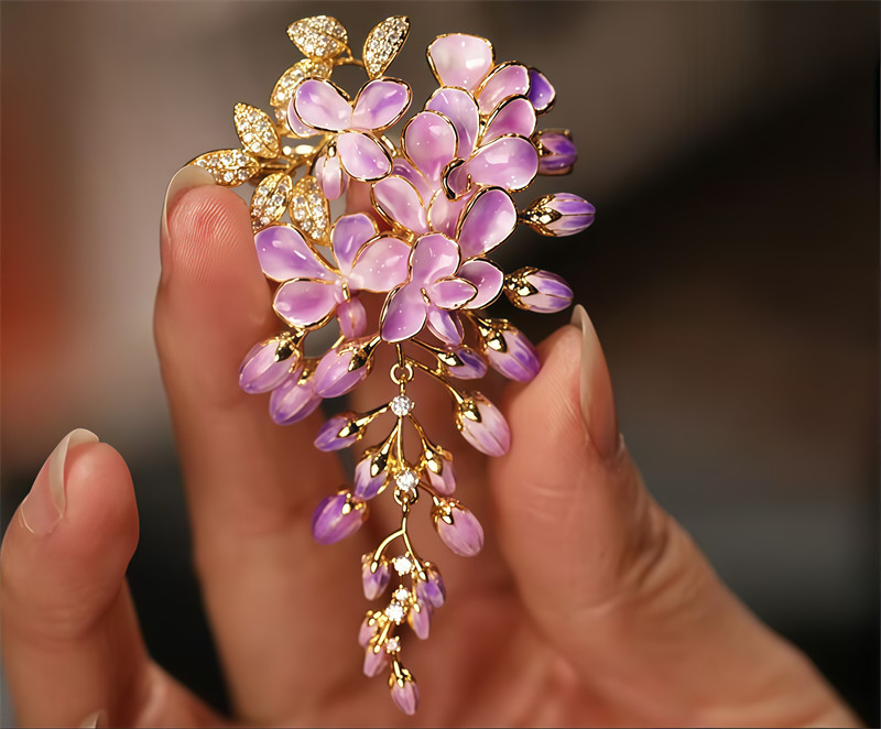 Enamel Color Design Wisteria Flower Brooch, High Quality Flower Brooch 6.6CMX4CM