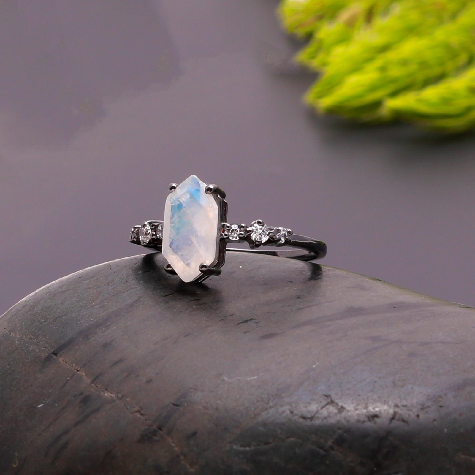Natural Moonstone Hexagon Ring Black Oxidized 925 Sterling Silver Jewelry
