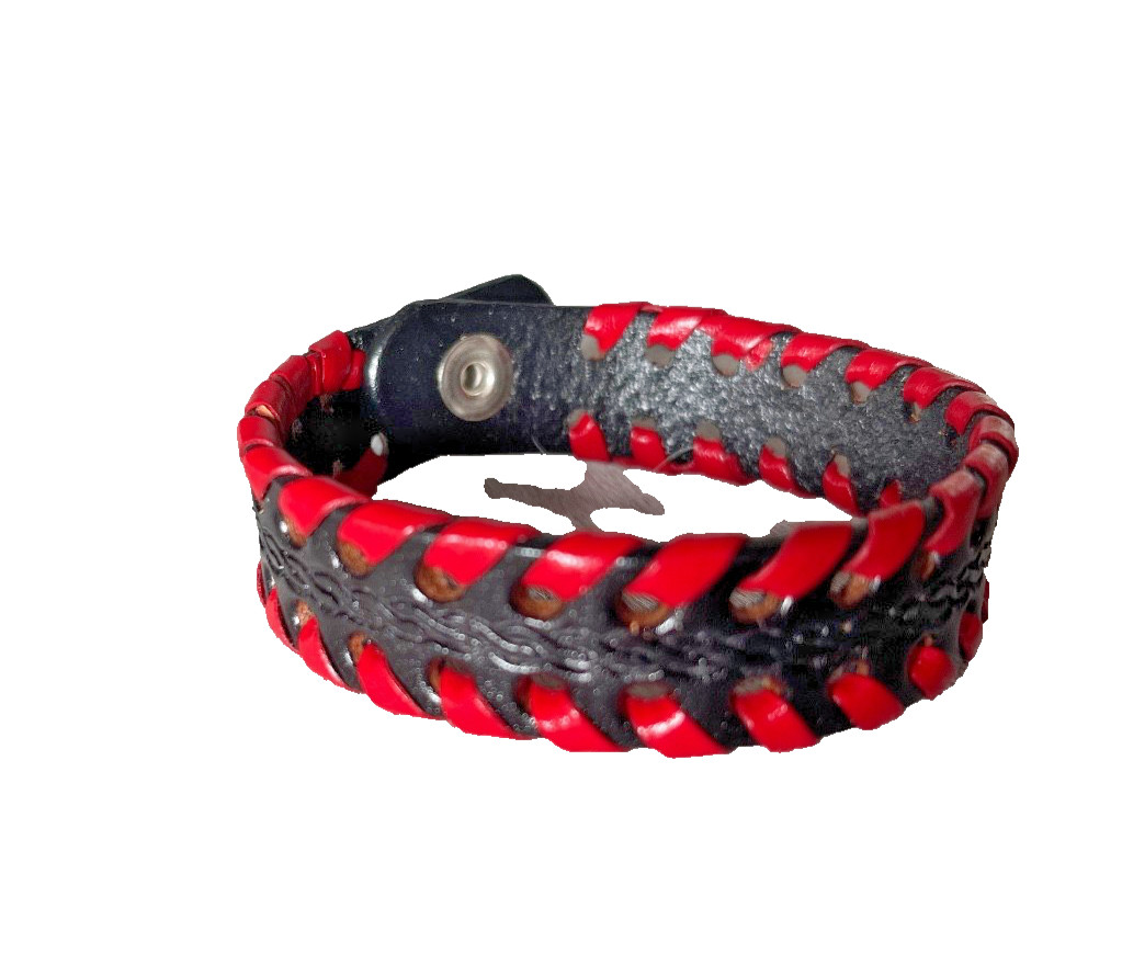 Western Womens Bracelet 8 3/4 x 3/4 in Tool Laced Leather Snap Cowgirl Black Red