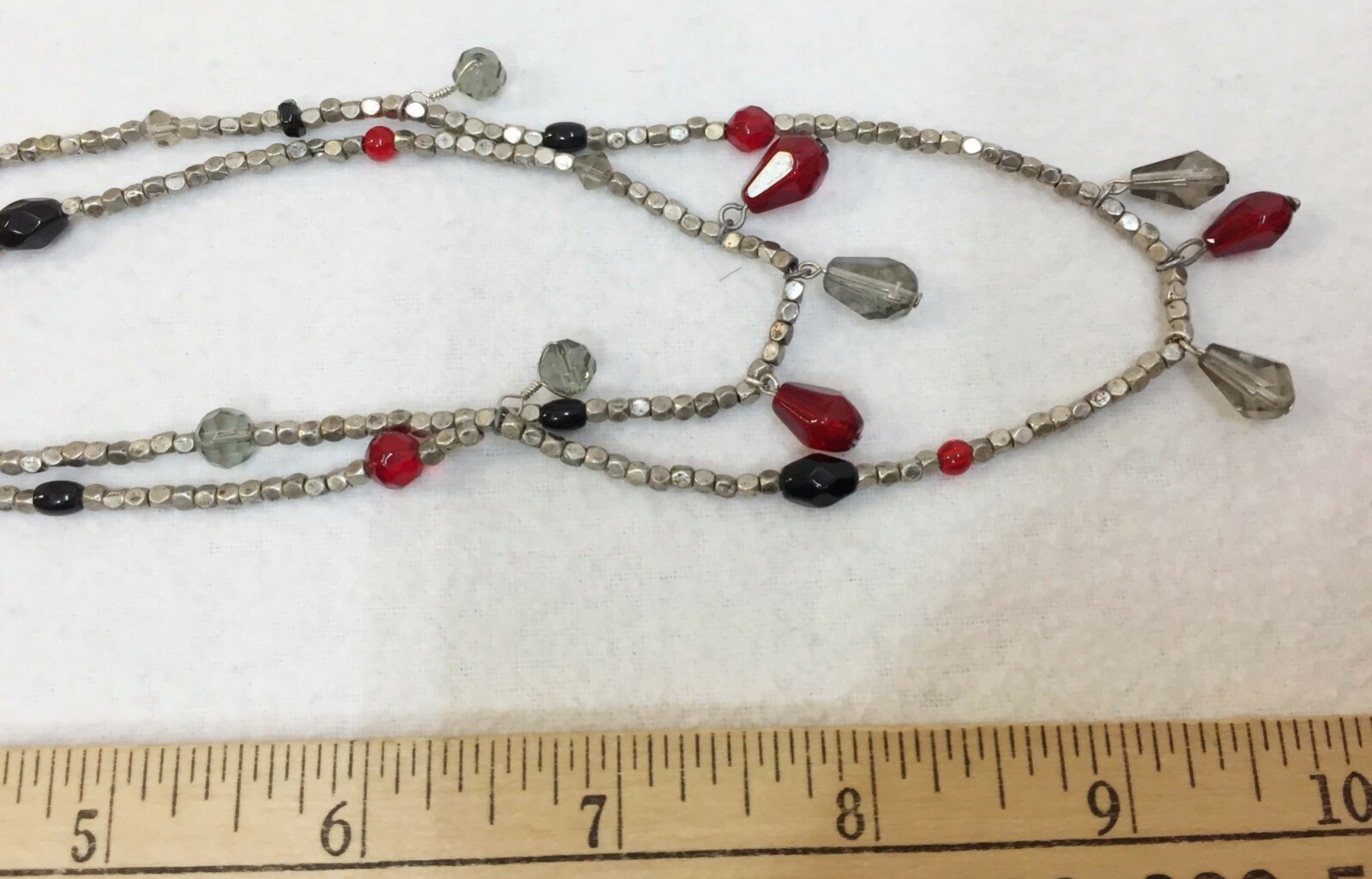 Necklace Two Strand Silver Red Gray Black Beads 2 Silvertone Curve Links w Smoky