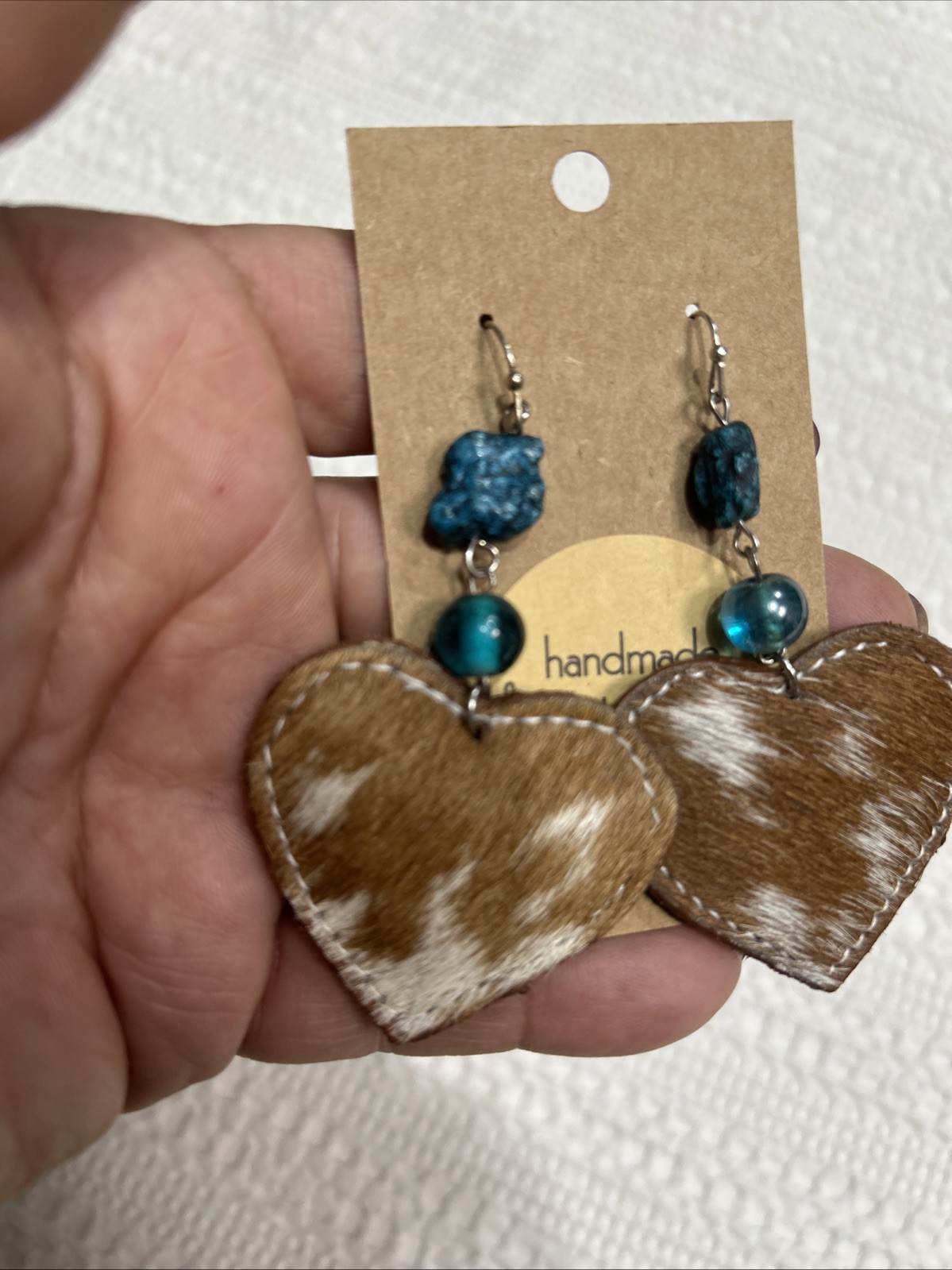Faux Cowhide & Turquoise Dangle Earrings Handmade 2.5” Heart Nickle Free New