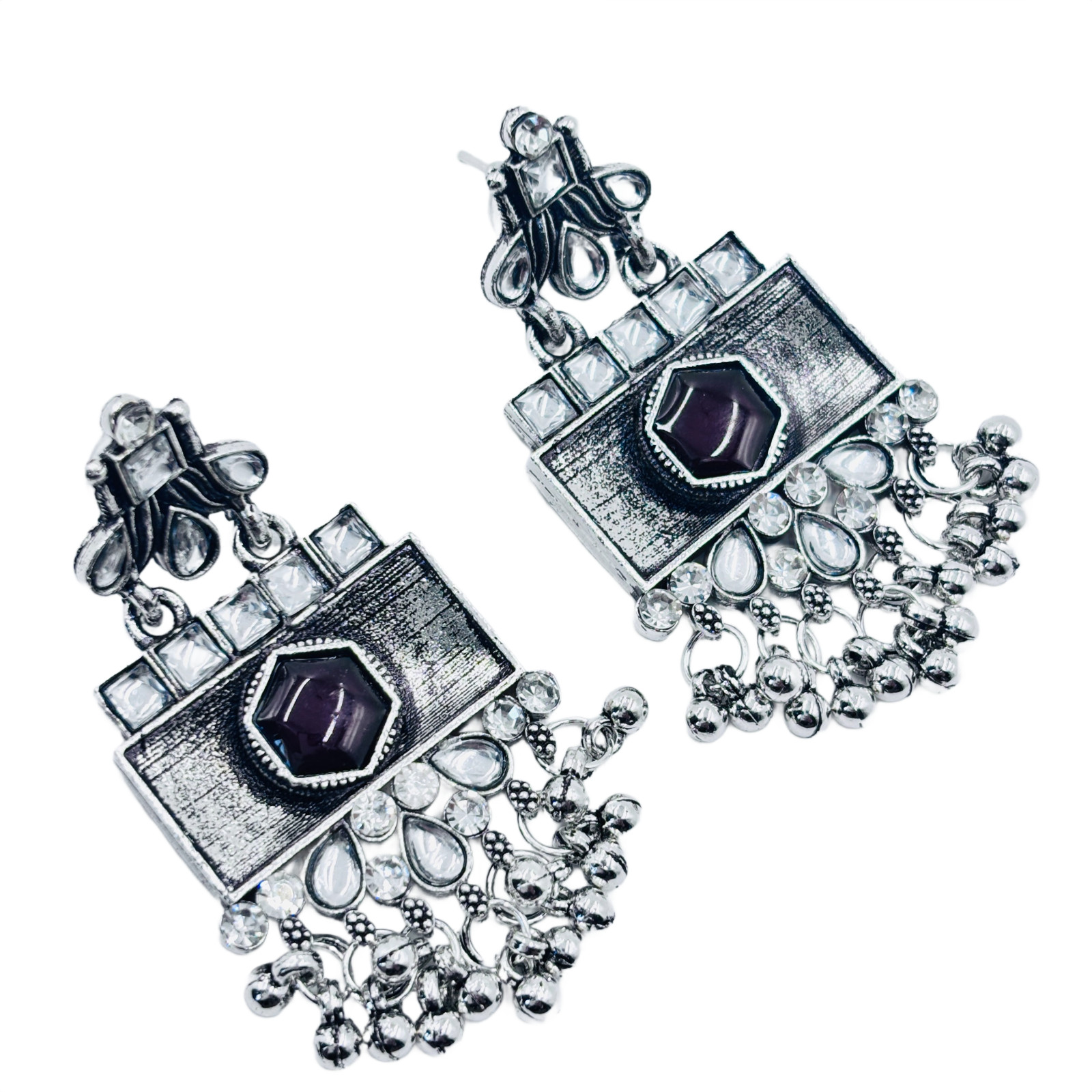 Oxidized Silver Plated Statement Dangle Earrings with Artificial Stones jewelry