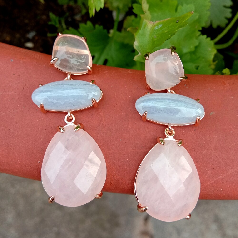 Rose Quartz Blue Chalcedony Dangle Stud Earrings Gemstone  women Fashion Jewelry