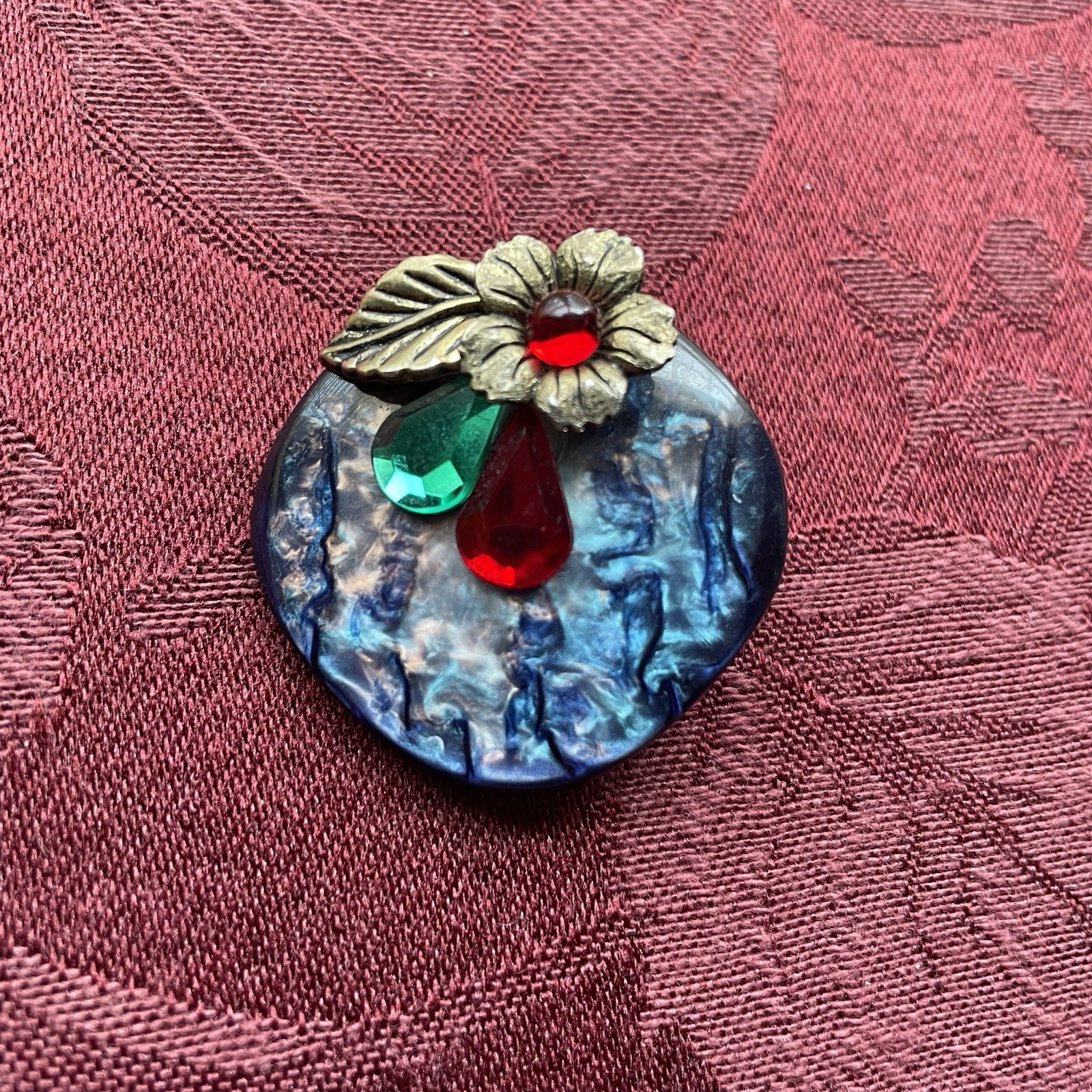 Vintage Blue Marbled Lucite Floral Clip On Earrings Brass Tone Flower Red Green