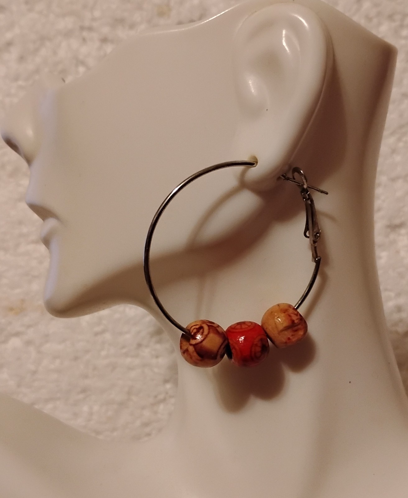 Silver Wood Bead Hoop Earrings 1.5″ Lever Back Earrings