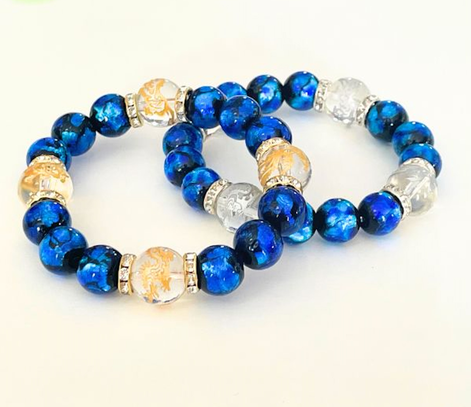 Carved Four Divine Beasts Quartz & Firefly Glass Bracelet 3size Gold
