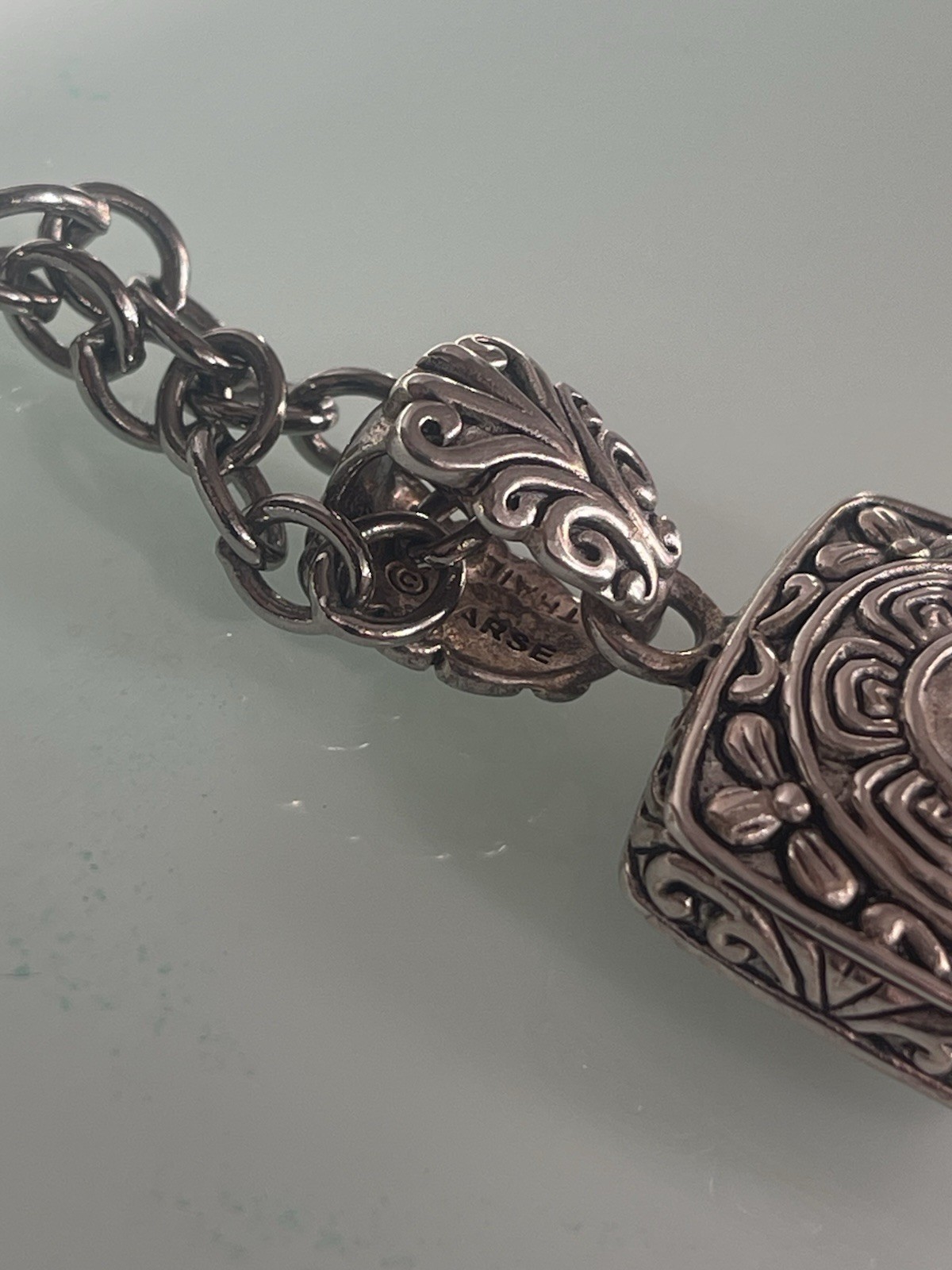 Barse Thailand Red Garnet Cabochon Pendant Silver Filigree Necklace
