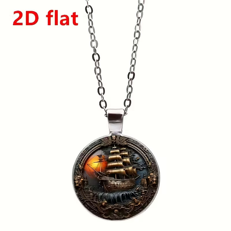 Sailing Ship Round Necklace Jewelry Nautical Corsair Boat Pendant