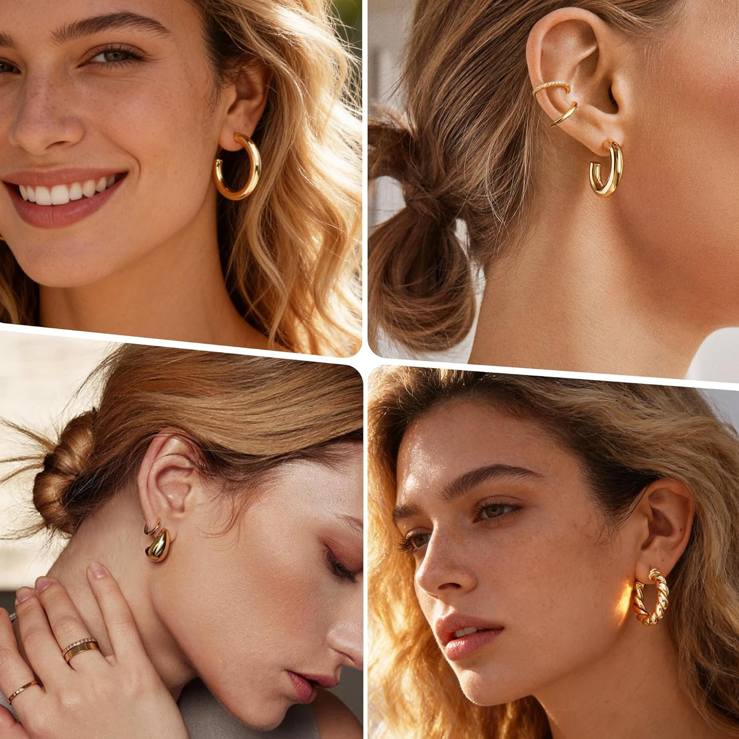 9 Pairs Gold Hoop Earrings for Women, 14K Gold Plated Chunky Hoop Earrings Set,