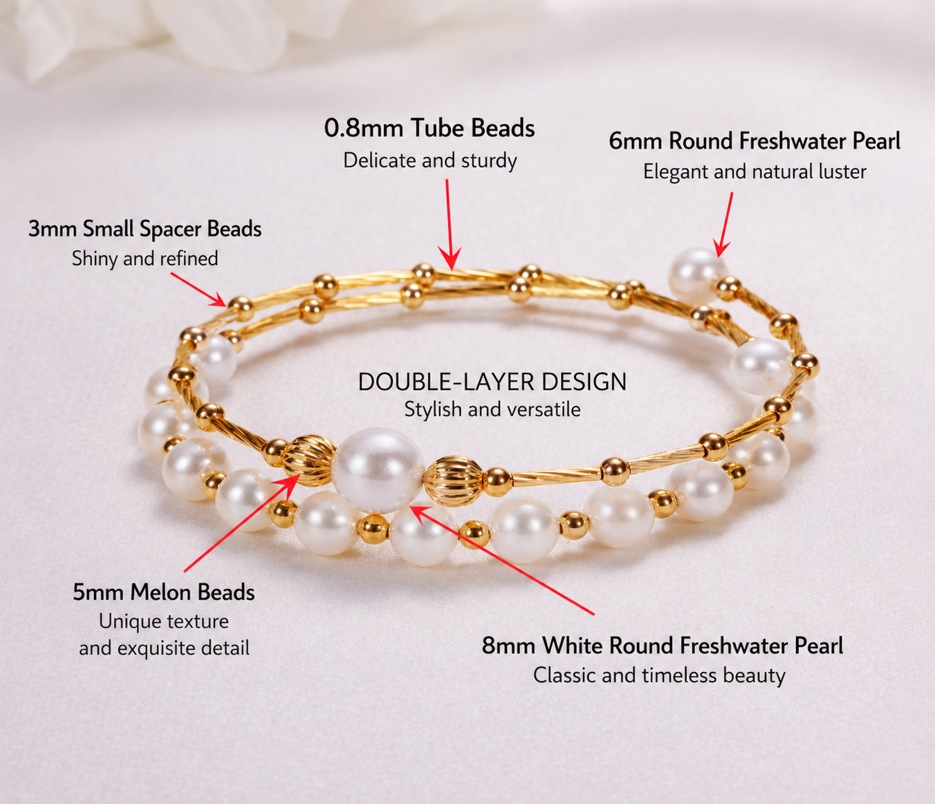 Double Layer Freshwater Pearl Bracelet 6mm 8mm Gold Plated Adjustable Elegant