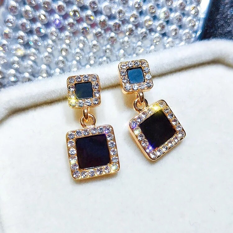 Gold Black Earrings Small Square Sparkling Black Sliver Crystal earrings UK