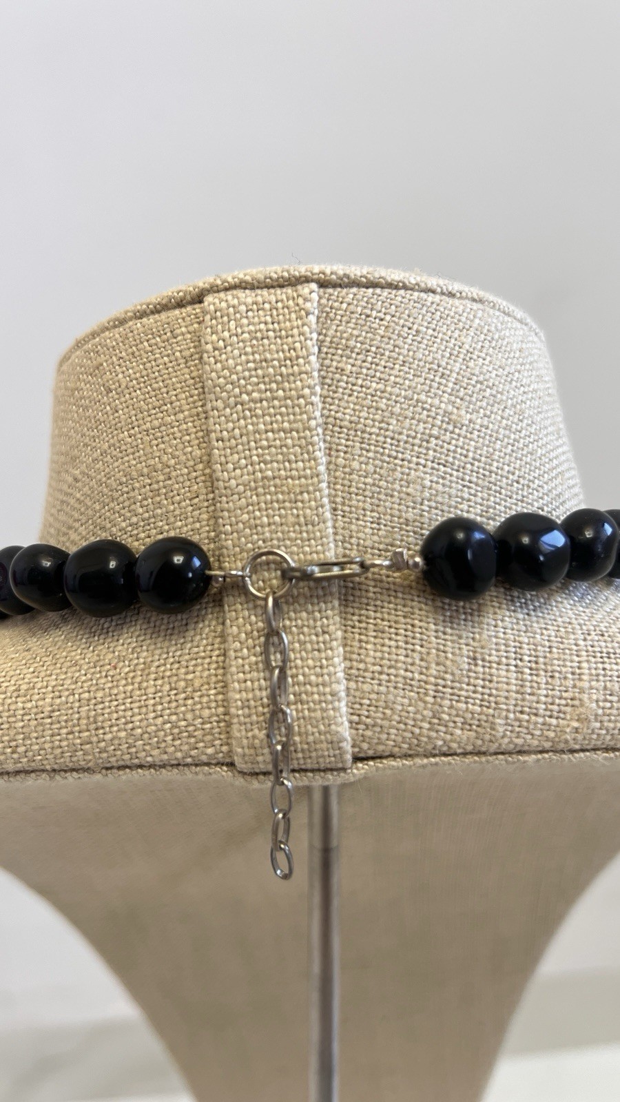 black onyx statement necklace large floral pendant, silver and gold beads, used