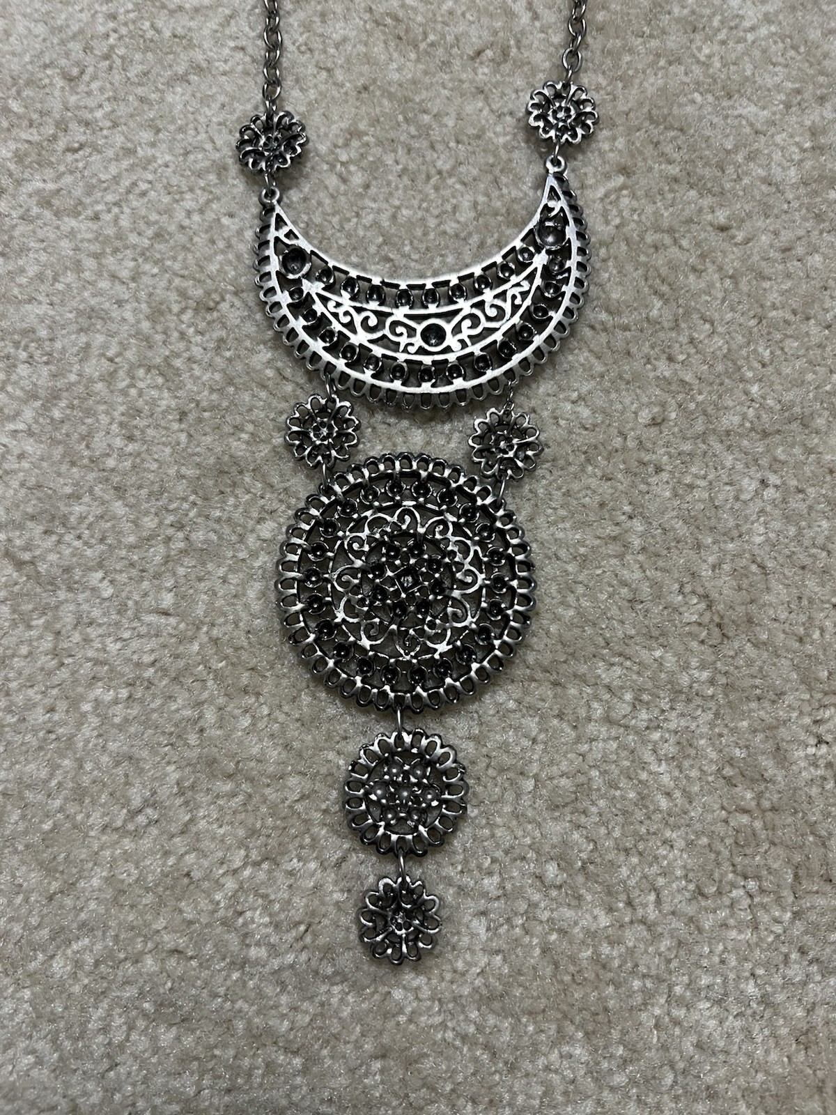 Ethnic Silvertone Necklace Boho Festival Collar Vintage Medalian