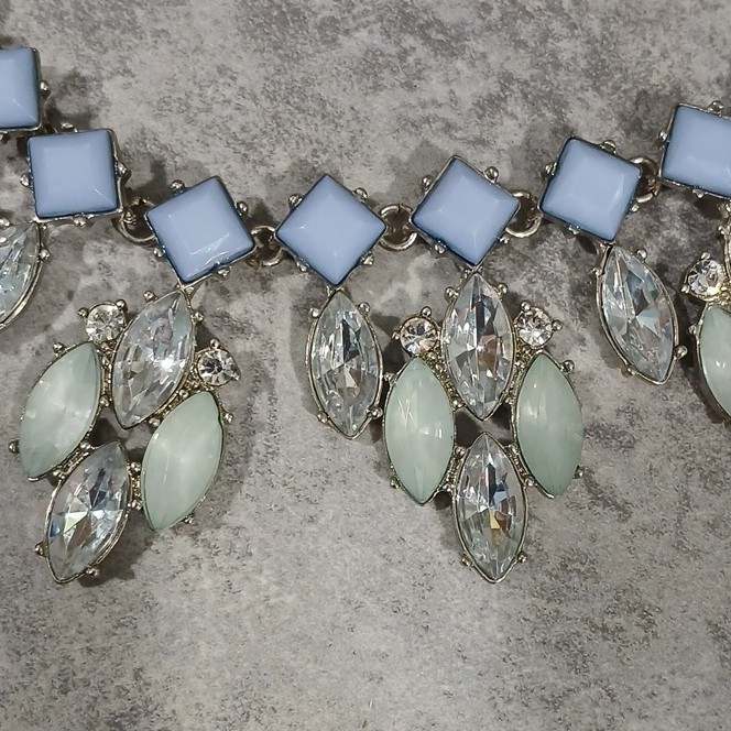 Silver Tone Curb Chain Bib Statement Necklace Blue Glass & Clear Rhinestones