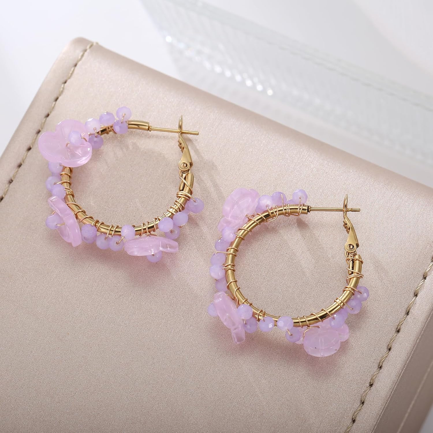 Colorful Beaded Earrings for Women, Boho Flower Hoop Earrings(Light Purple Flora