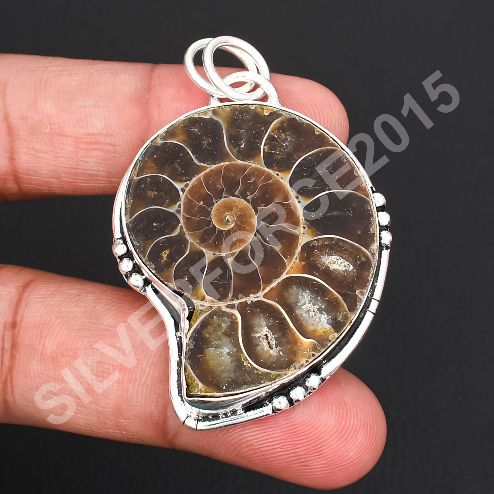 925 Sterling Silver Plated Ammonite Fossil Gemstone Pendant Handmade Jewelry