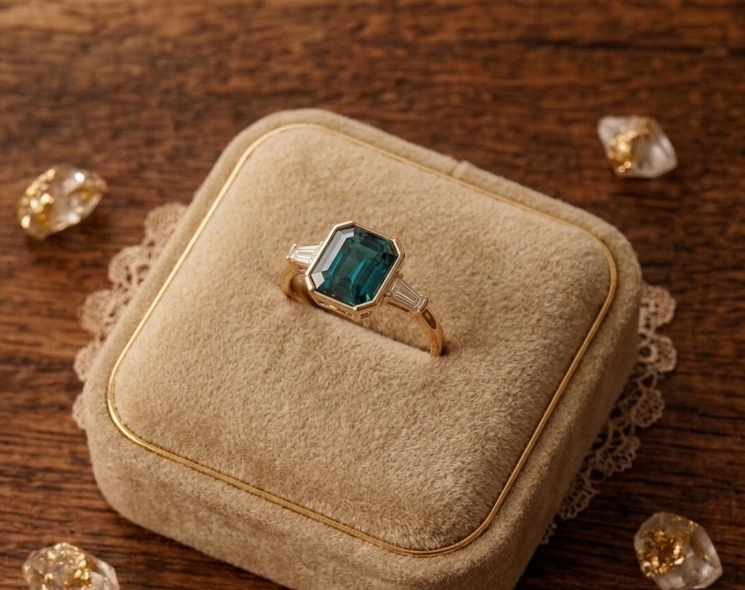 2.10 Cut Emerald Cut Natural Teal Sapphire Proposal Diamond Ring 14k Solid Gold