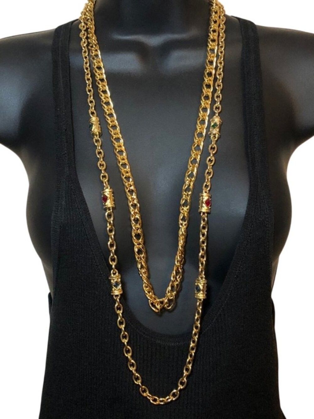 KJL Long Chain Necklace Gold + Retro Style Cylinder Stations Statement Necklace.