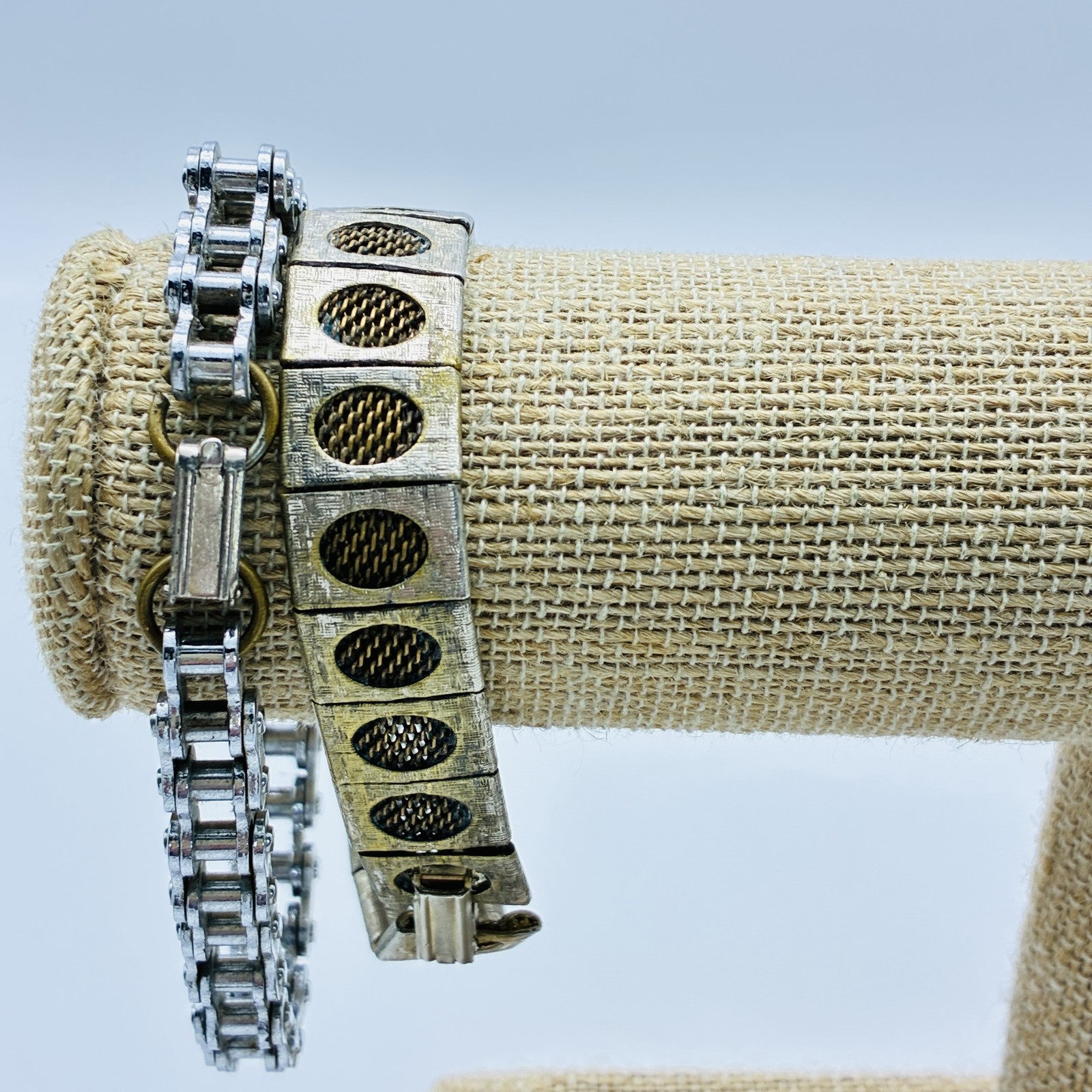 Chain Bracelets Lot of 2 Silver Tone Bike Chain and Mesh Panel Unisex Biker