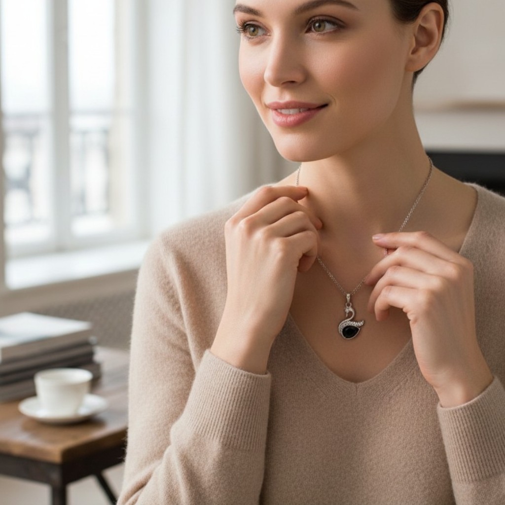 Swan Shaped Pendant with Silvery Inlaid Colorful Teardrop Crystal Necklace