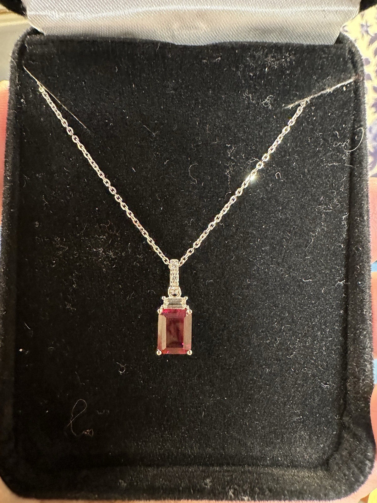 Kay Jewelers Lab-Created Emerald-Cut Ruby & Sapphire Pendant Necklace 18″