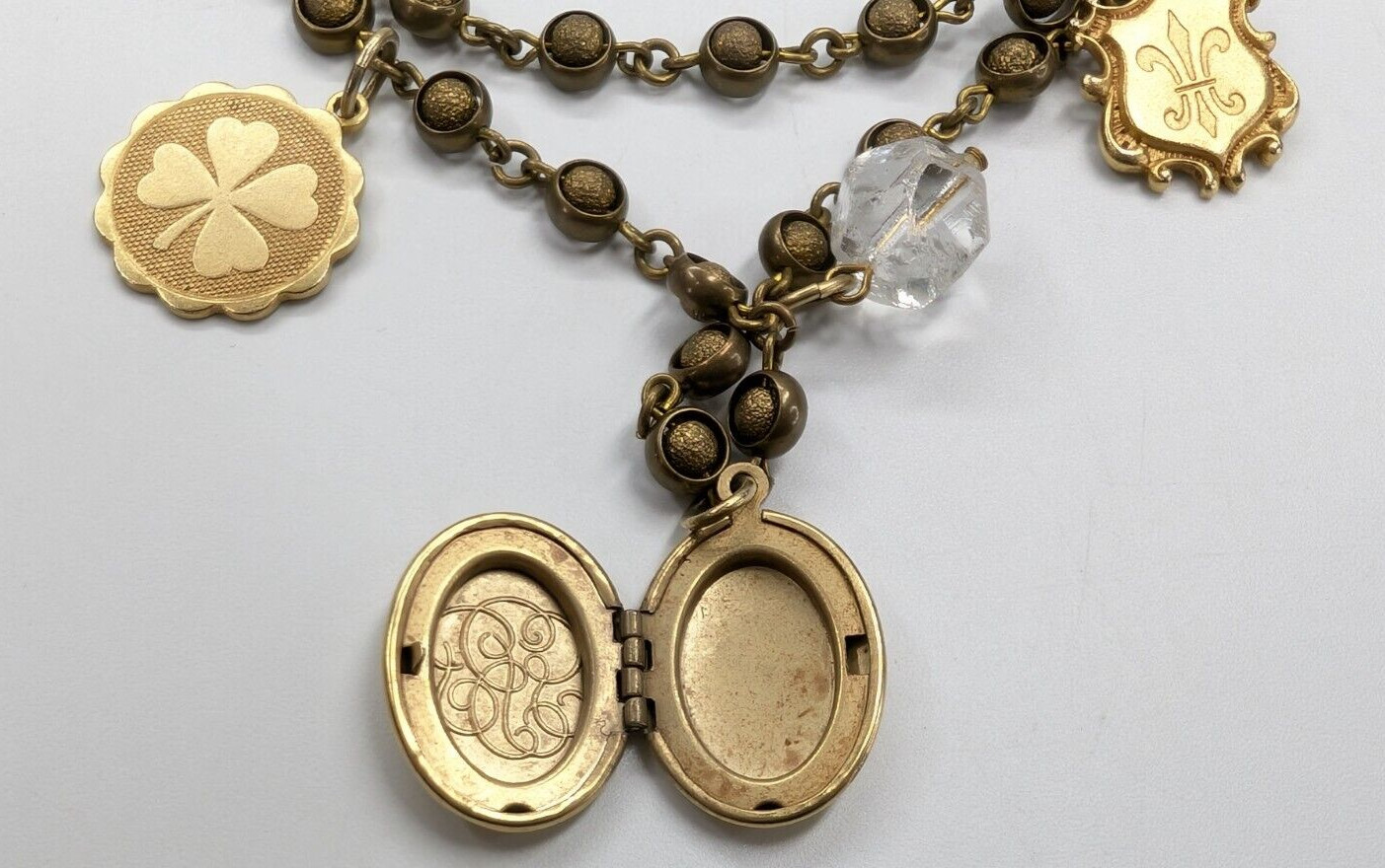 Artisan Made Bronze Charm Dove Flue De Lis Locket Clover Pendant 21″ Necklace