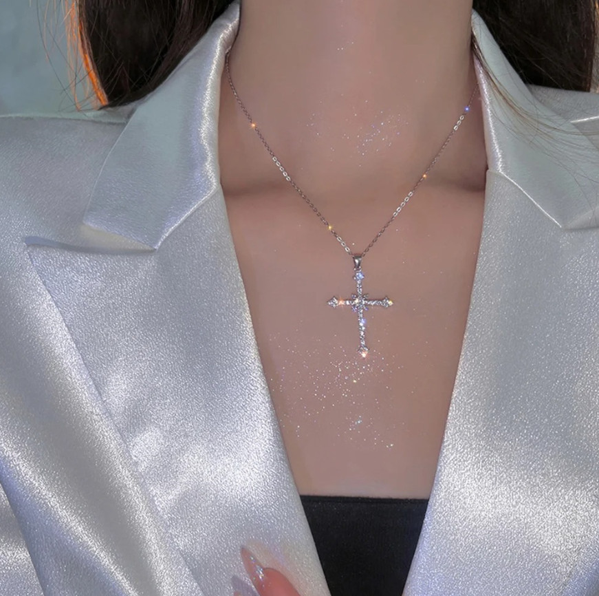1pc Elegant Crystal Cross Pendant Necklace Silver Star Trendy Women’s Jewelry