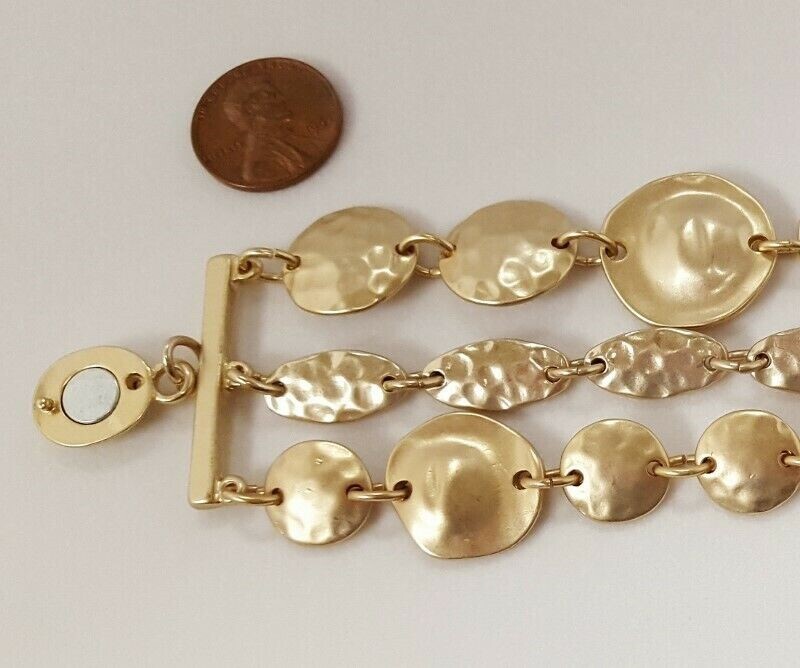 ANTIQUE BRUSHED GOLD HAMMERED MEDALLIONS BOHO HIPPIE 3 CHAIN 7.5″ BRACELET V216