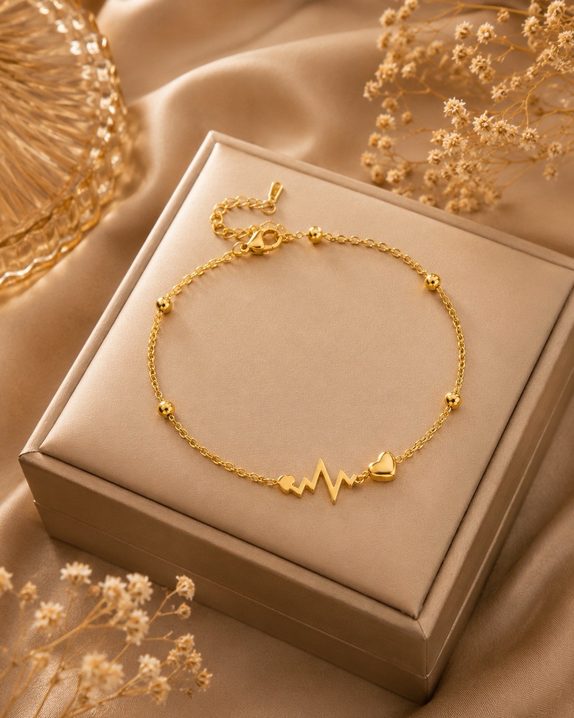 Gold Tone Adjustable Cable Chain Anklet with Heartbeat Heart Charm Lobster