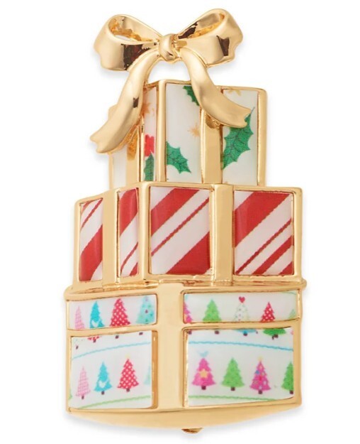 Holiday Lane Gold-Tone Glass Bead Stack of Gift-Wrapped Presents Pin Broach New