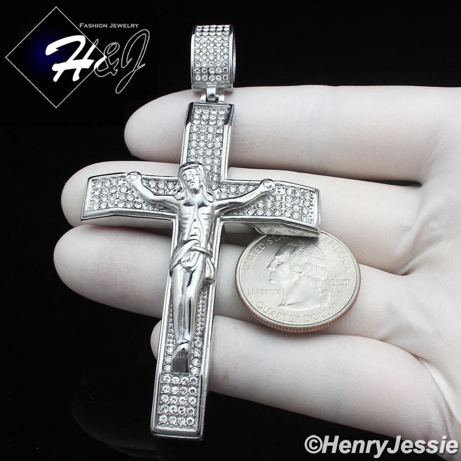 30″MEN Stainless Steel 5mm Silver Box Link Chain BIG ICY CZ Cross Pendant*IP142
