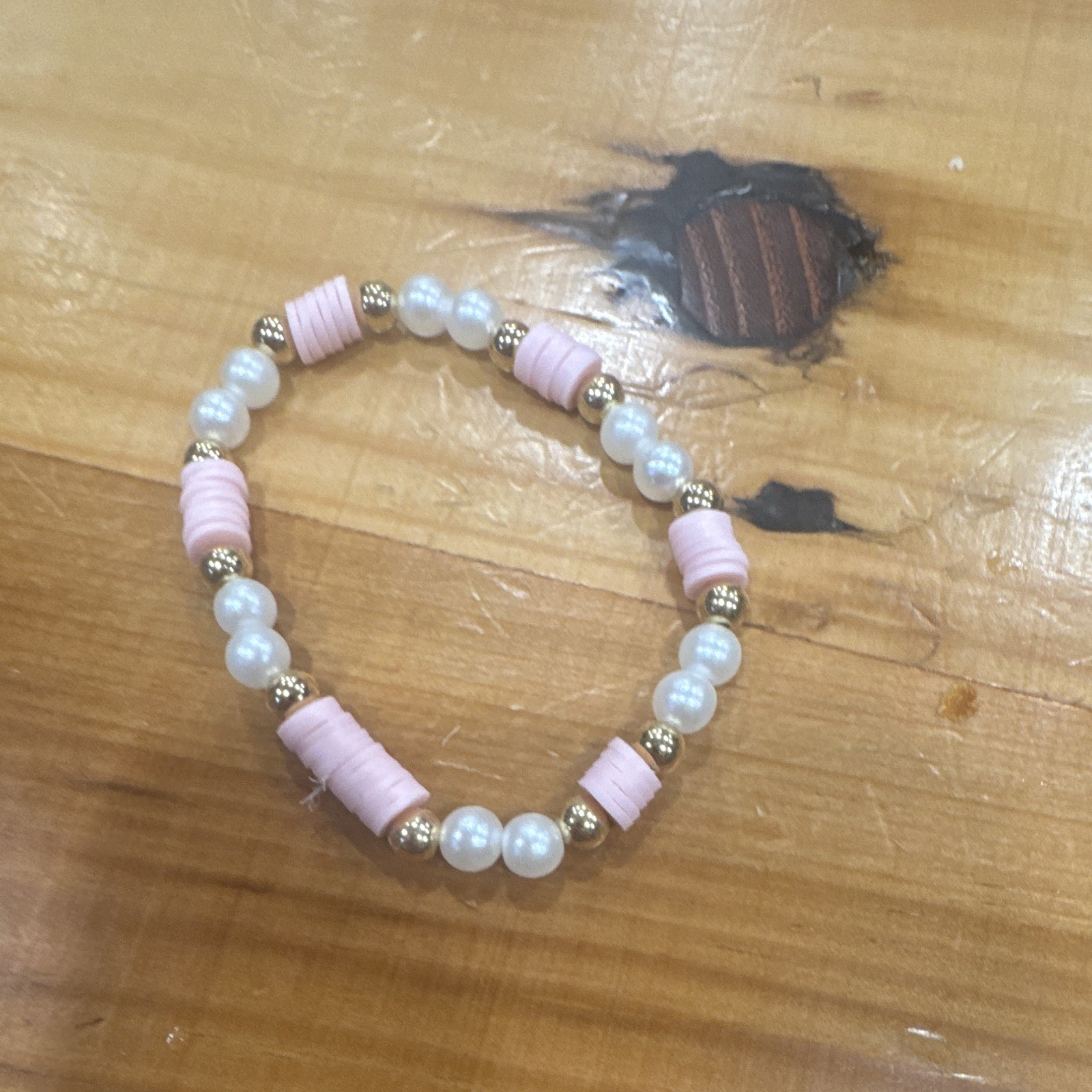 Pink White Beaded Bracelet, Pearl Round Beads, Stackable size small hand made