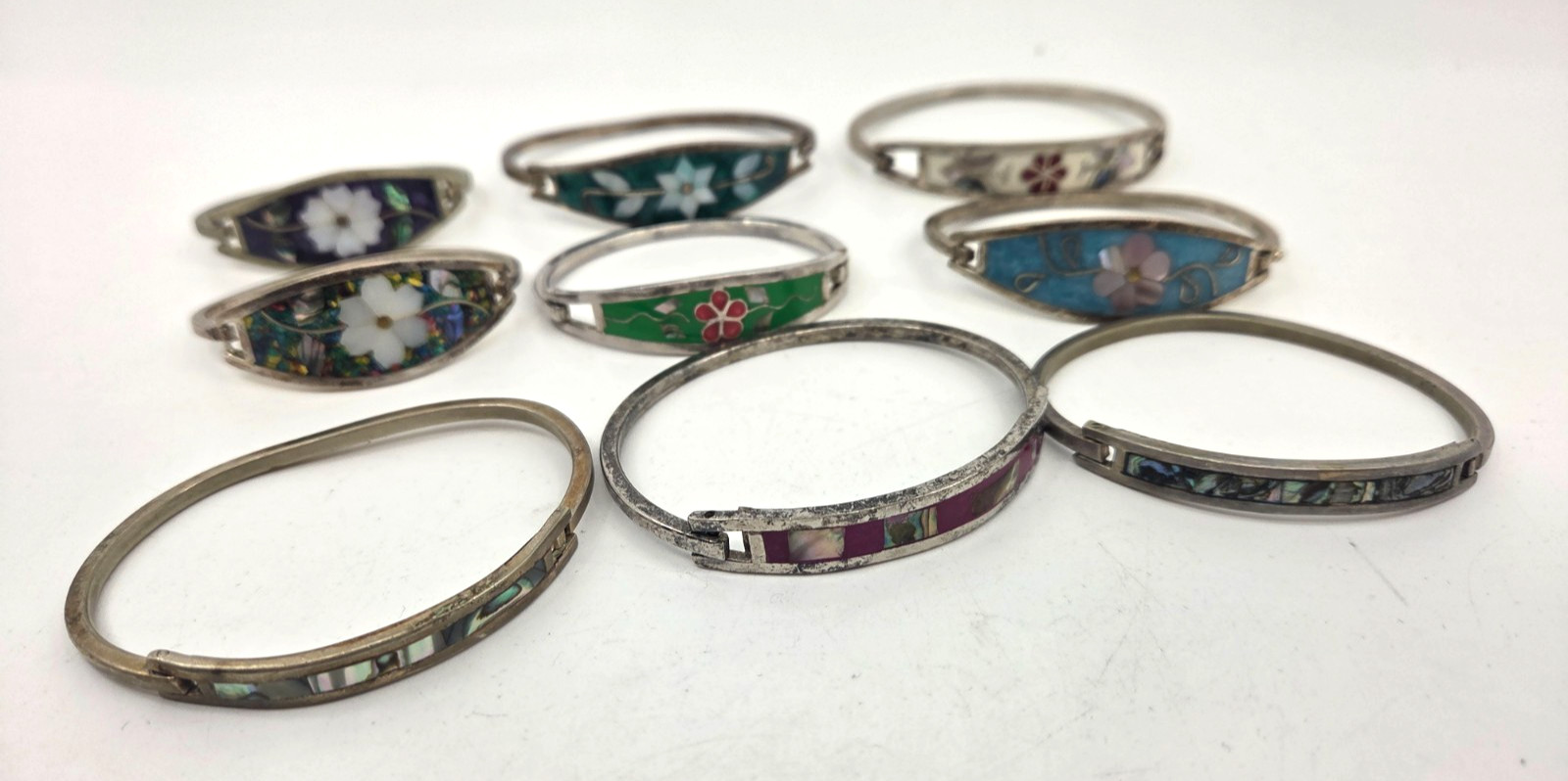 Lot of 9 VINTAGE SILVER ALPACA MEXICO HINGED CUFF BRACELETS