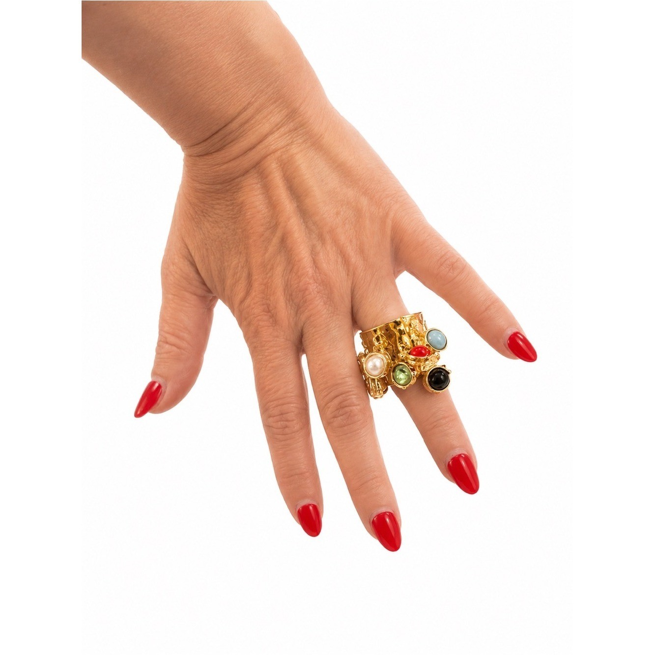 New Gold Tone Multi-Cabochon Charm Statement Ring – Adjustable Boho Cocktail