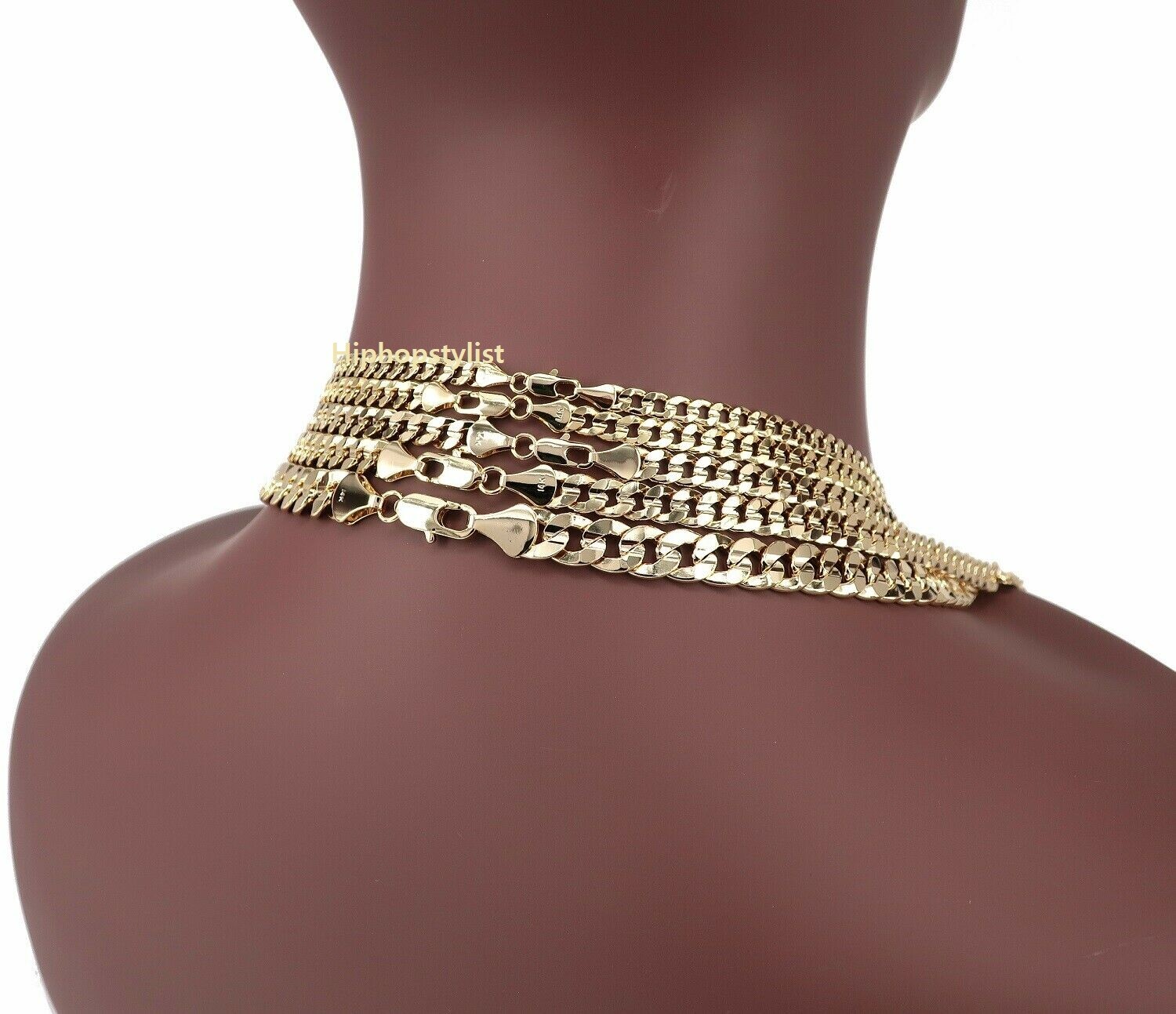 Mens 14K Concave Cuban link Chain Necklace Bracelet 5mm to 10mm Gold Plated