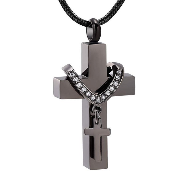 Cross Urn Necklace For Ashes Cremation Pendant Memorial Jewelry Black Silver