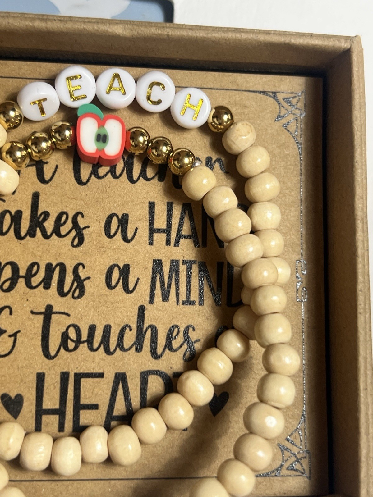 2pc Teacher Stretch Beaded Bracelet Set TEACH Letter Wood/Plastic Apple Charm