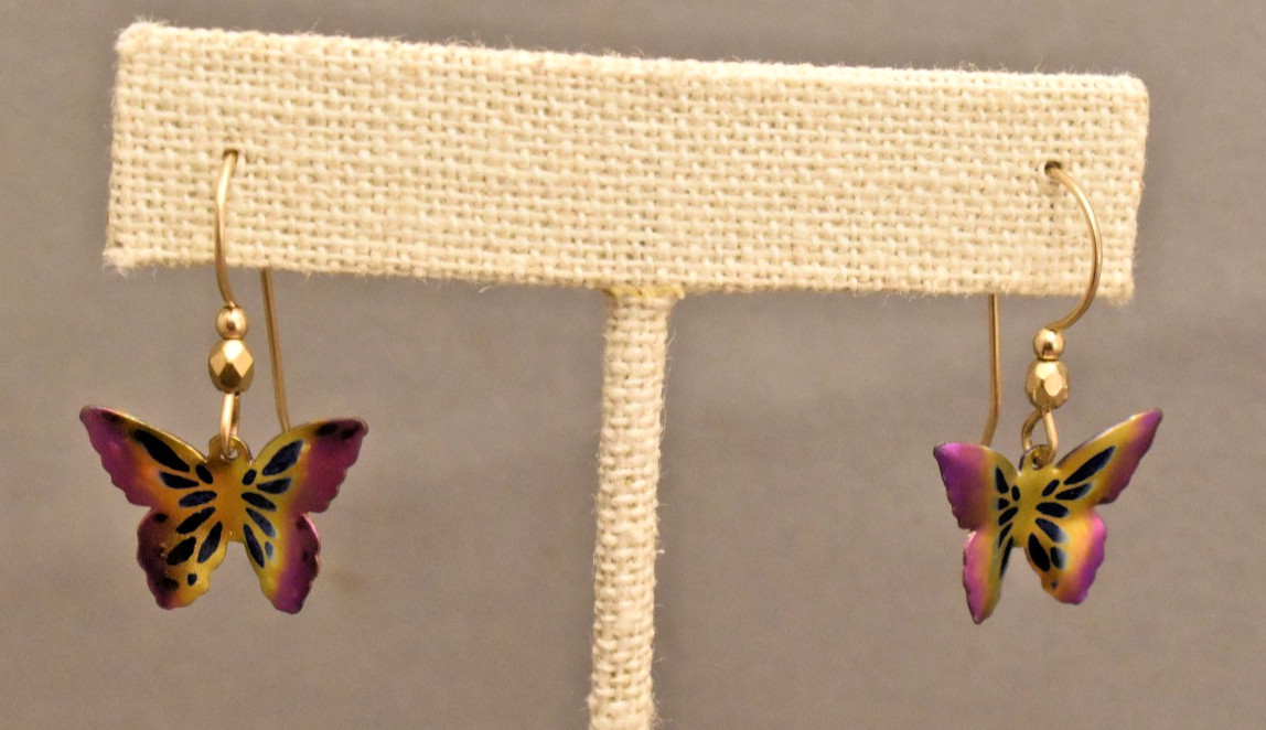 Holly Yashi Pink Gold Blue Niobium, Gold Fill Drop Butterfly Earrings Signed