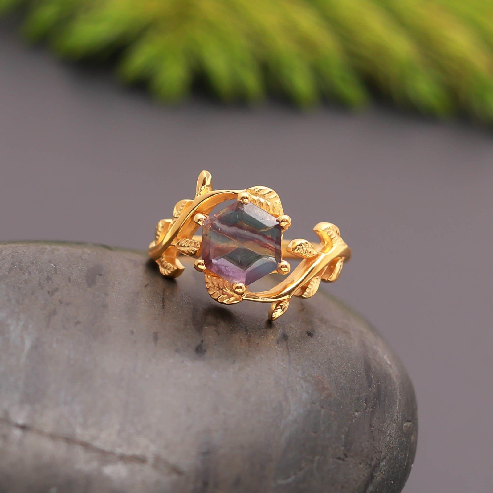 Natural Rainbow Fluorite Hexagon Leaf Ring 925 Sterling Silver Gold Fill Jewelry