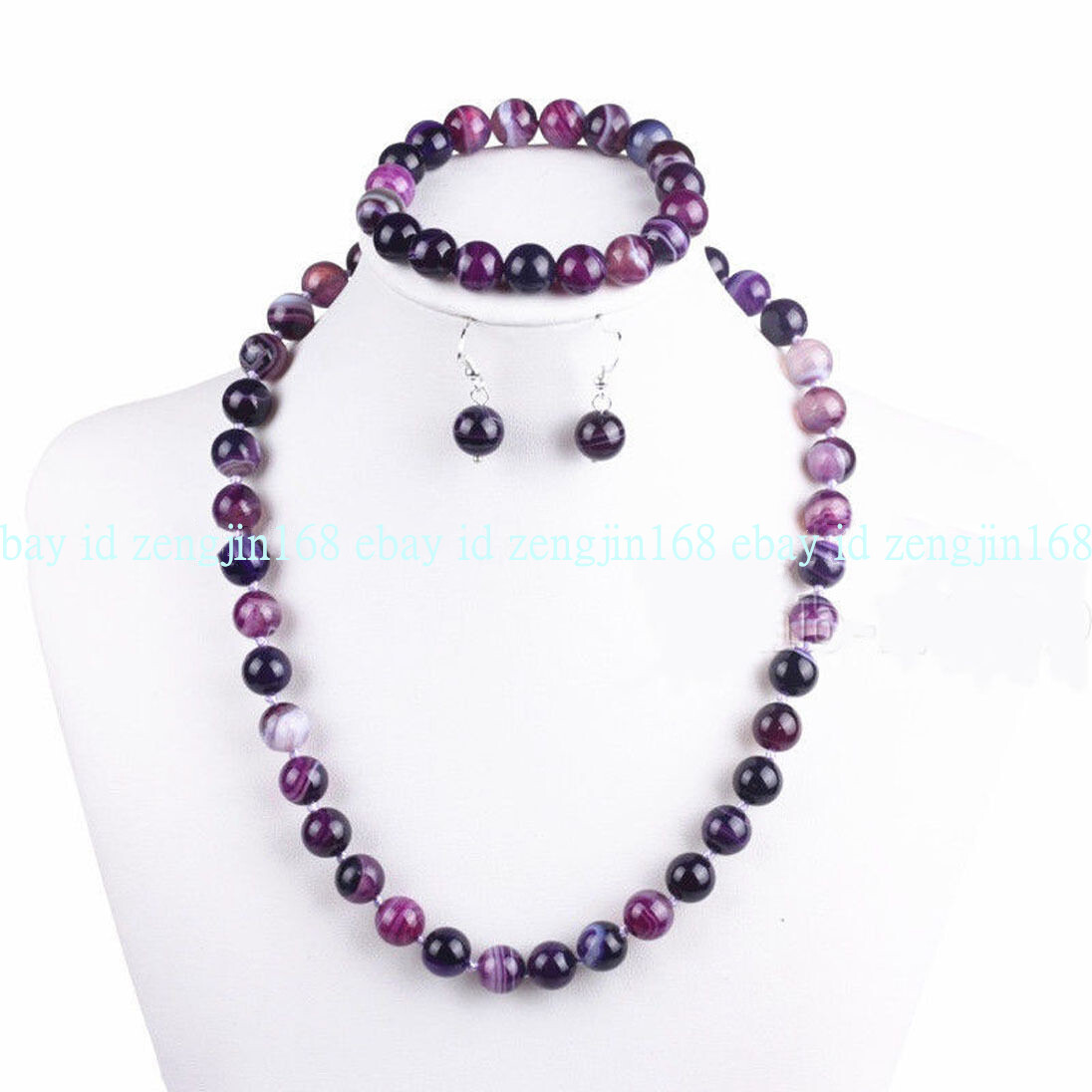 8/10/12mm Natural Purple Stripe Agate Gemstone Necklace Bracelet Earrings Set