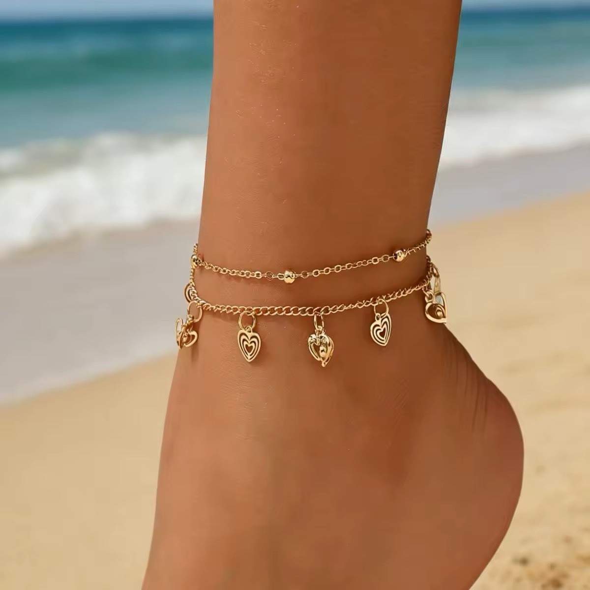 Gold Tone Heart Charm Cable Chain Anklet Adjustable Lobster Clasp 8.66+1.97″