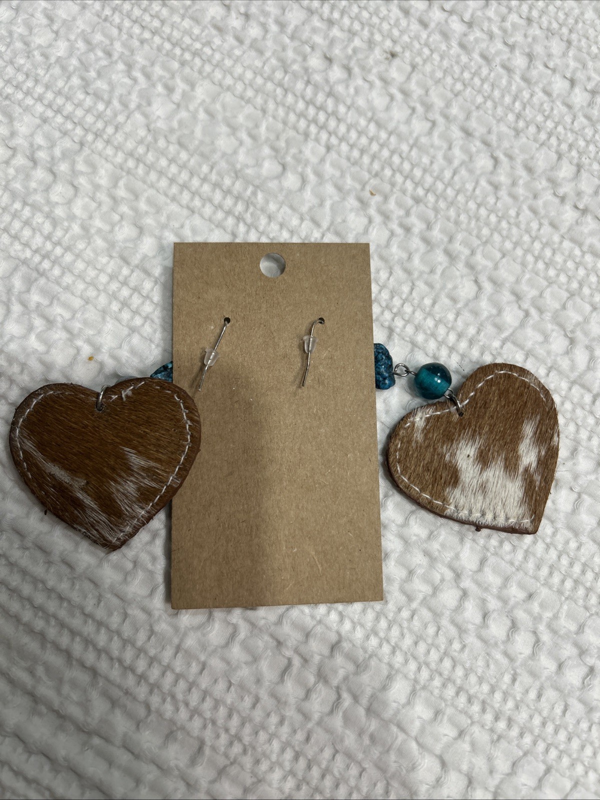 Faux Cowhide & Turquoise Dangle Earrings Handmade 2.5” Heart Nickle Free New