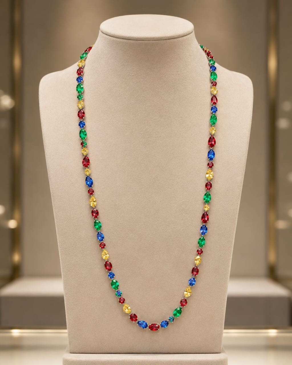 21ct Simulated Multi-Color Gemstones Women’s Tennis Necklace Yellow Gold Plated