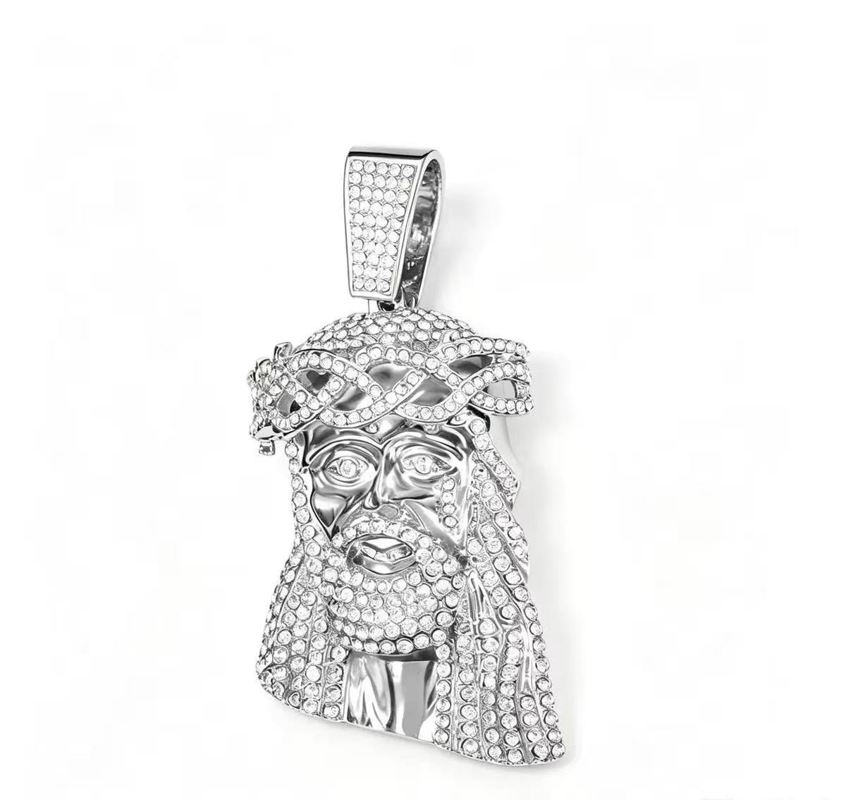 Iced Out Jesus Pendant Necklace Charm, Luxury Silver Tone Faith Inspired Hip Hop