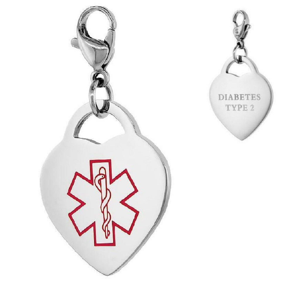 DIABETES TYPE 2 Stainless Steel Medical Alert Heart Charm w/ Lobster Clasp