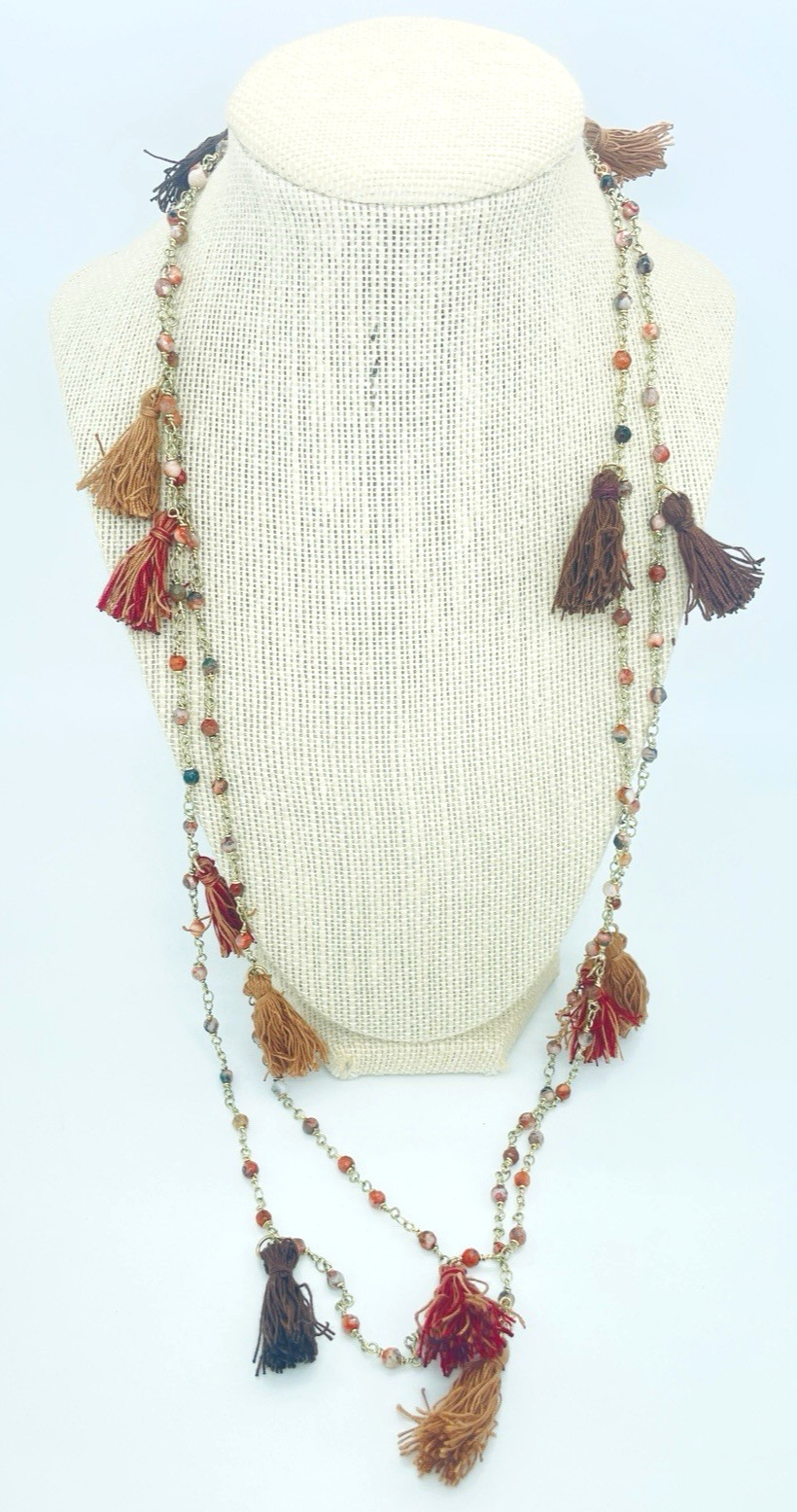 Extra-Long Natural Stone Chain Beaded Necklace Tassel Stations Gypsy BOHO 62 in