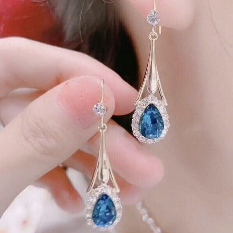 4Ct Pear Cut Simulated Blue Sapphire Drop/Dangle Earrings 14K Yellow Gold Plated
