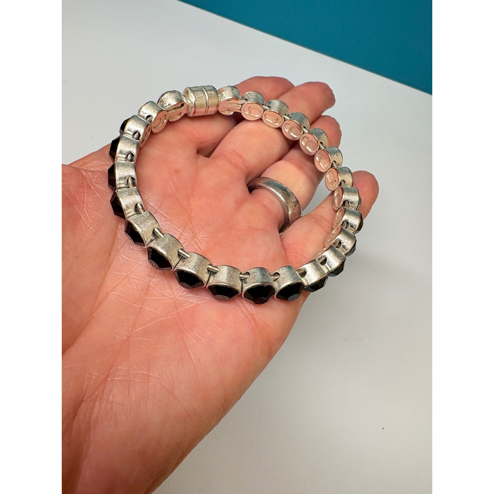 Plunder Design Black Crystal Magnetic Bracelet Antiqued Silver Tone 7.25 Inch