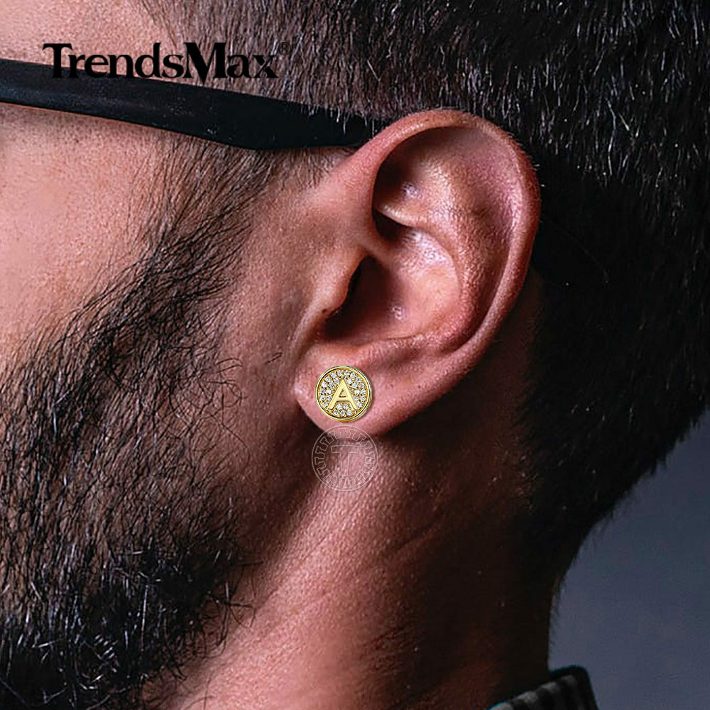 CZ Stud Earrings For Men Women 26 Letter Initial Studs Earrings Gold Plated Xmas