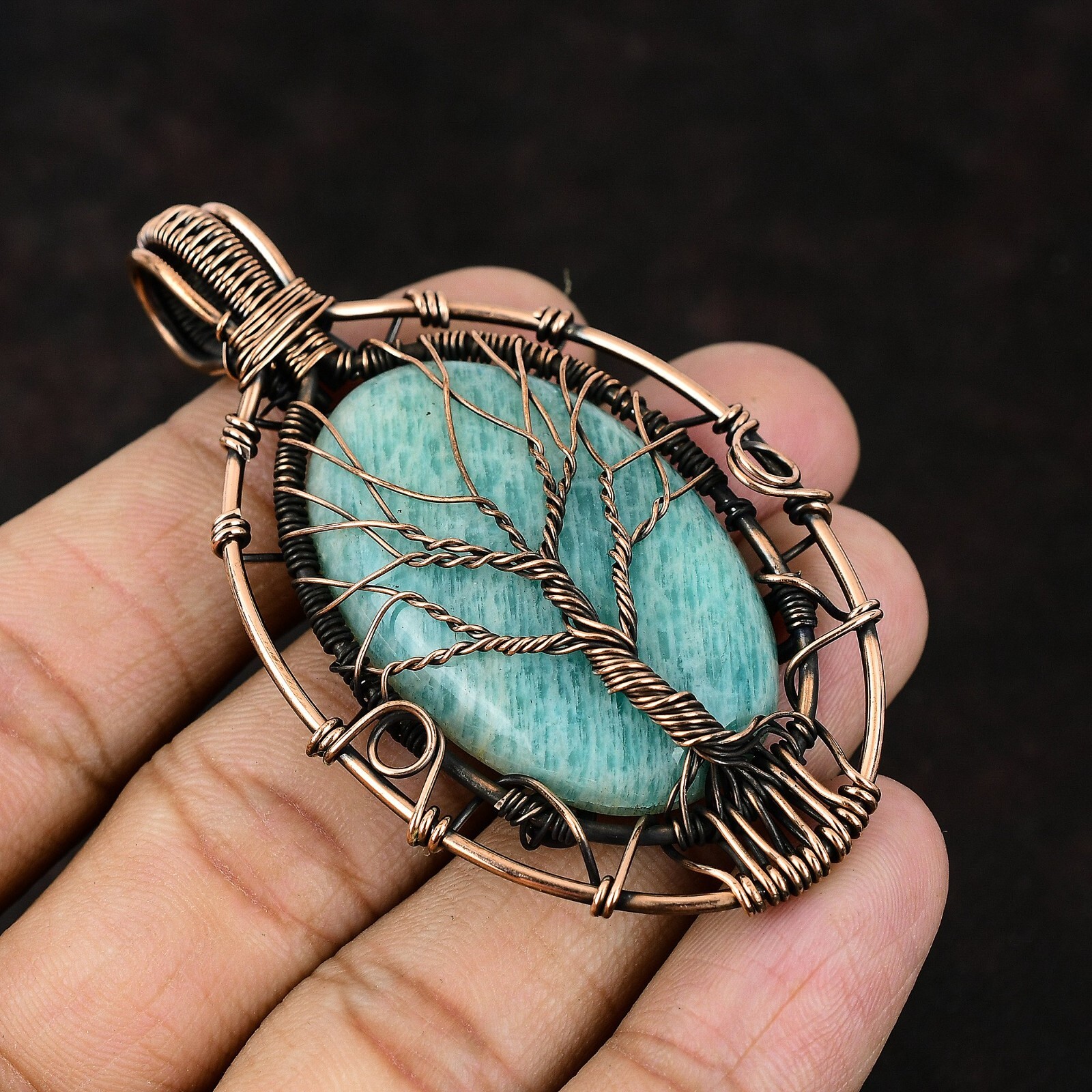 Gift For Women Jewelry Wire Wrapped Tree Of Life Pendant Copper Amazonite 2.87″